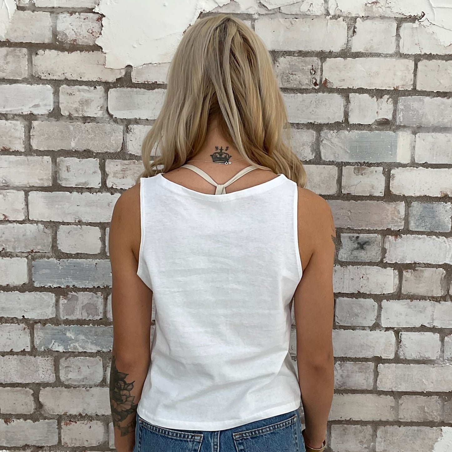 Oasis Band graphic tshirt upcycled by Unwantees recycled tshirt otherwise destined for landfill. Graphic tshirt recycled into sleeveless vest top, sustainable upcycled fashion, British recycled grunge brand, slow fashion, Punk Rock music style graphic tshirt upcycled by Unwantees, Slash neck tank top, upcycled in the UK by unwantees. Sustainable upcycled fashion
