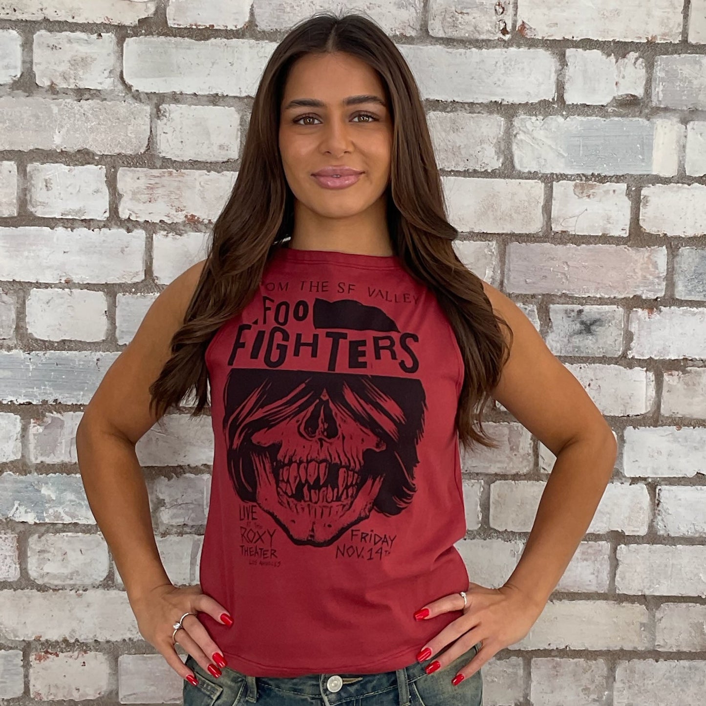 Foo Fighters at the Roxy Theatre graphic tshirt upcycled by Unwantees recycled tshirt otherwise destined for landfill. Graphic tshirt recycled into sleeveless vest top, sustainable upcycled fashion, British recycled grunge brand, slow fashion, Punk Rock music style graphic tshirt upcycled by Unwantees, Slash neck tank top, upcycled in the UK by unwantees. Sustainable upcycled fashion