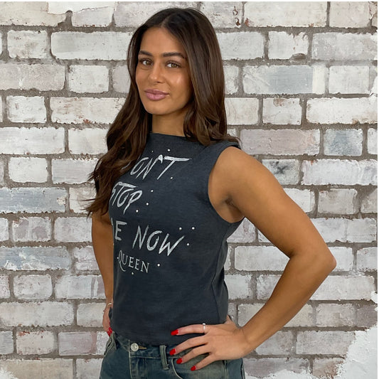 Queen Don’t Stop me now Graphic tshirt recycled into sleeveless vest top, sustainable upcycled fashion, British recycled grunge brand, slow fashion, Punk Rock music style graphic tshirt upcycled by Unwantees, Slash Neck tank top, upcycled in the UK by unwantees. Sustainable upcycled fashion. Queen band photo Graphic tshirt upcycled by Unwantees recycled tshirt otherwise destined for landfill.