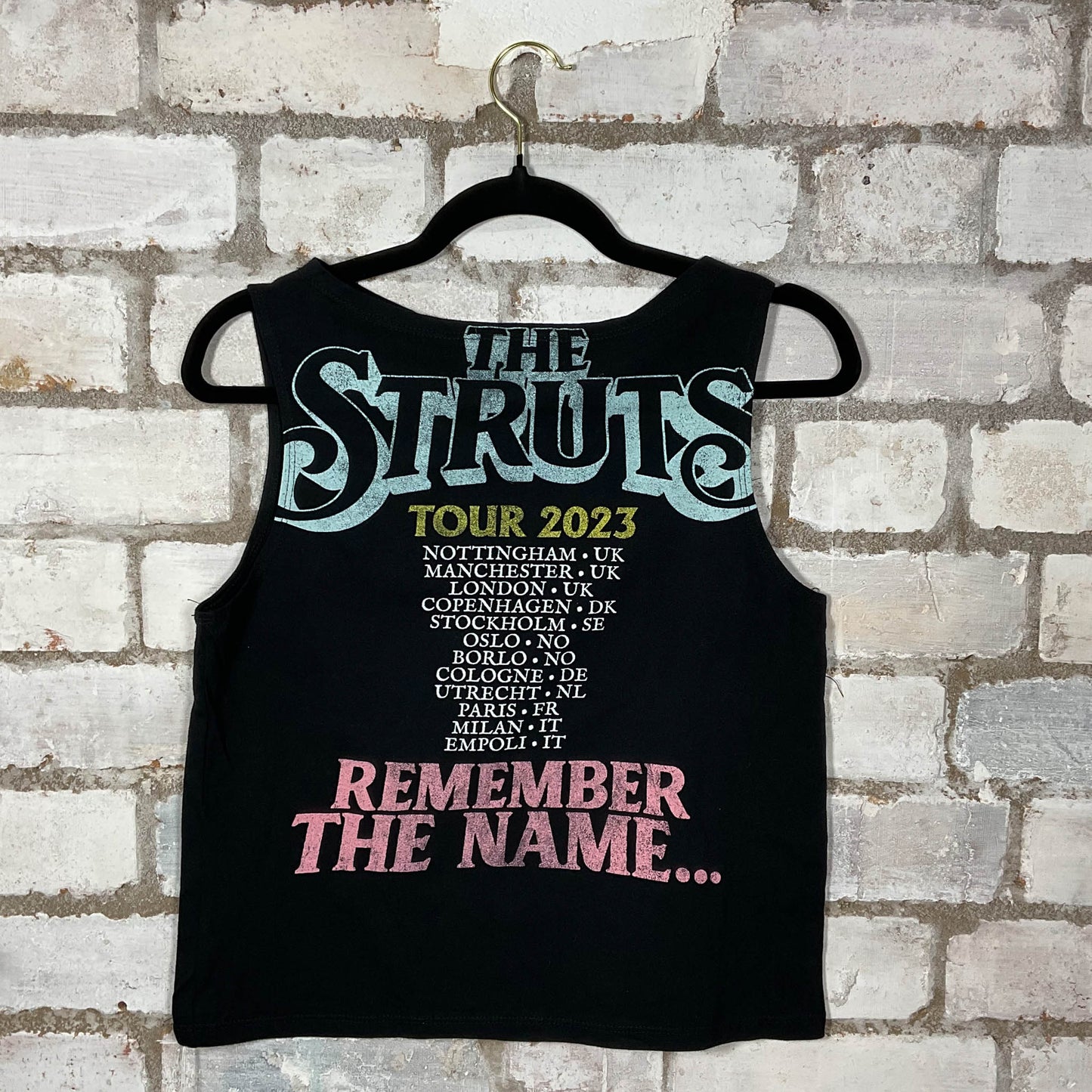 The Strutts 2023 Tour Unwantee Tank Top upcycled by Unwantees, sustainable fashion made in great Britain from vintage graphic tshirt Rear View