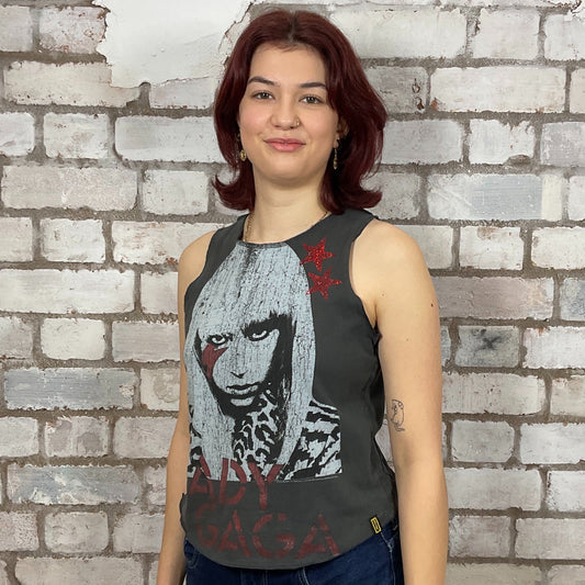 Lady Gaga, Sting Tribute graphic print with rhinestones, 100% cotton fabric, Unwantee made from upcycled and deconstructed graphic tshirt, punk rock style street wear, athleisure wear, unwantees is a sustainable fashion brand, we take unwanted graphic tshirts otherwise destined for landfill and recycle clothing into vest tops for sports wear or leisure. Refashioned band merch, Slash Neck Sleeveless Top