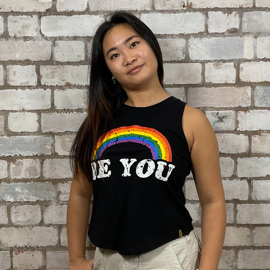 Be You inclusive Rainbow graphic print, 100% cotton fabric, Unwantee made from upcycled and deconstructed graphic tshirt, punk rock style street wear, athleisure wear, unwantees is a sustainable fashion brand, we take unwanted graphic tshirts otherwise destined for landfill and recycle clothing into vest tops for sports wear or leisure. Refashioned band merch, Slash Neck Sleeveless Top