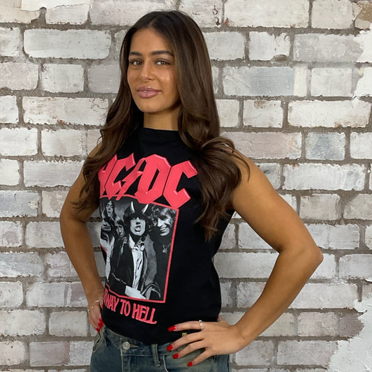 AC/DC Highway to Hell band tshirt recycled into sleeveless Slash Neck vest top, sustainable upcycled fashion, British recycled grunge brand, slow fashion, Punk Rock music style graphic tshirt upcycled by Unwantees, AC/DC Band Photo tshirt upcycled in the UK by unwantees. Sustainable upcycled fashion. Graphic tshirt upcycled by Unwantees recycled tshirt otherwise destined for landfill.
