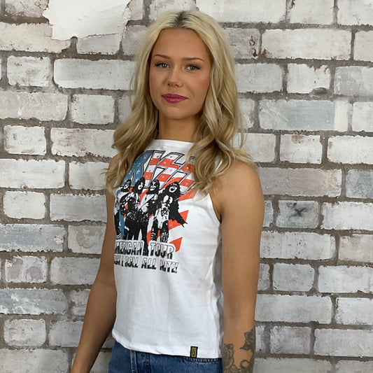 KISS Rock and Roll all Night American US Tour band tshirt recycled into sleeveless Slash Neck vest top, sustainable upcycled fashion, British recycled grunge brand, slow fashion, Punk Rock music style graphic tshirt upcycled by Unwantees, Rock and Roll all Night Tour tshirt upcycled in the UK by unwantees. Sustainable upcycled fashion. Graphic tshirt upcycled by Unwantees recycled tshirt otherwise destined for landfill.