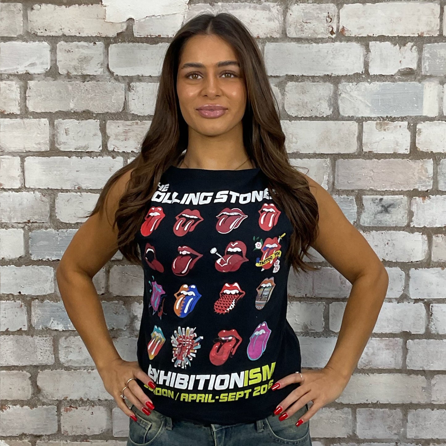 Rolling Stones London tour band tshirt recycled into sleeveless Slash Neck vest top, sustainable upcycled fashion, British recycled grunge brand, slow fashion, Punk Rock music style graphic tshirt upcycled by Unwantees, Rock Tour tshirt upcycled in the UK by unwantees. Sustainable upcycled fashion. Graphic tshirt upcycled by Unwantees recycled tshirt otherwise destined for landfill.