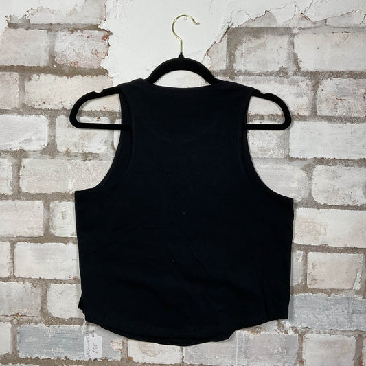 Rear view of Foo Fighters band graphics on a black cotton Racerback Tank Top upcycled by Unwantees, sustainable fashion made in Great Britain from vintage graphic tshirt