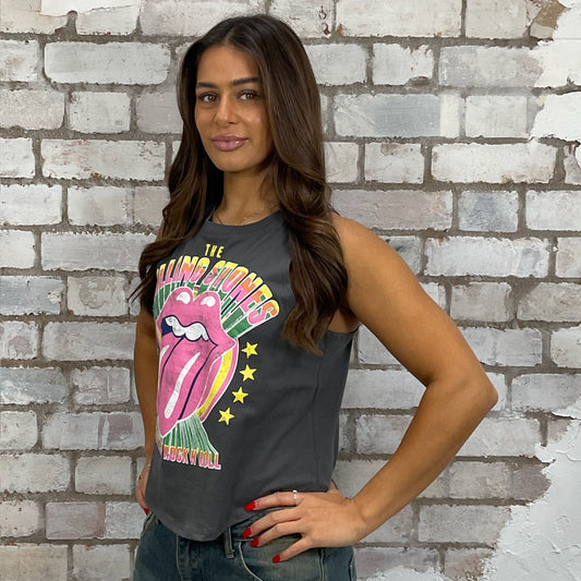 Rolling Stones band vibrant print on grey tshirt recycled into sleeveless Racerback vest top, sustainable upcycled fashion, British recycled grunge brand, slow fashion, Its Only Rock and Roll Punk Rock music style graphic tshirt upcycled by Unwantees, tshirt upcycled in the UK by unwantees. Sustainable upcycled fashion. Graphic tshirt upcycled by Unwantees recycled tshirt otherwise destined for landfill.