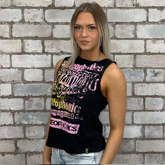 Vibrant print on black tshirt recycled into sleeveless Slash Neck vest top, sustainable upcycled fashion, British recycled grunge brand, slow fashion, Punk Rock music style graphic tshirt upcycled by Unwantees, tshirt upcycled in the UK by unwantees. Stereophonics neon print, sustainable upcycled fashion. Graphic tshirt upcycled by Unwantees recycled tshirt otherwise destined for landfill.