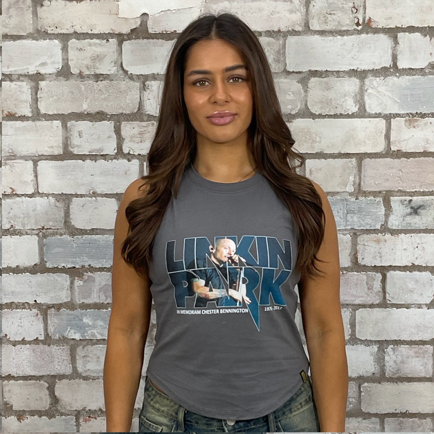 Linkin Park Band Print on grey tshirt recycled into sleeveless Slash Neck vest top, sustainable upcycled fashion, British recycled grunge brand, slow fashion, Punk Rock music style graphic tshirt upcycled by Unwantees, tshirt upcycled in the UK by unwantees. Sustainable upcycled fashion. Graphic tshirt upcycled by Unwantees recycled tshirt otherwise destined for landfill.