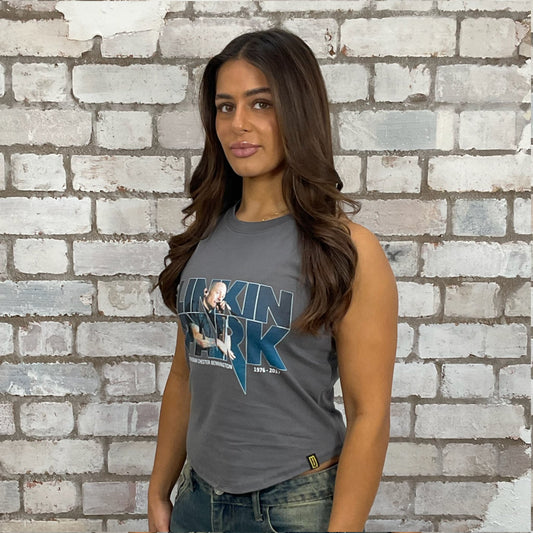 Band Print Linkin Park on grey tshirt recycled into sleeveless Slash Neck vest top, sustainable upcycled fashion, British recycled grunge brand, slow fashion, Punk Rock music style graphic tshirt upcycled by Unwantees, tshirt upcycled in the UK by unwantees. Sustainable upcycled fashion. Graphic tshirt upcycled by Unwantees recycled tshirt otherwise destined for landfill.