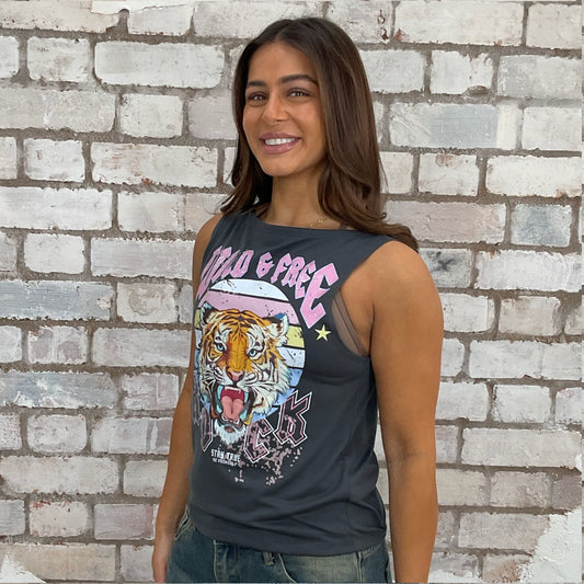 Upcycled graphic tshirt upcycled into a tank top by unwantees. Tiger print Stay True Wild & Free graphics, Sustainable fashion Unwantees recycled vintage tshirts otherwise destined for landfill. Sustainable upcycled fashion, Rock Music Style, sleeveless tank top, upcycled fashion
