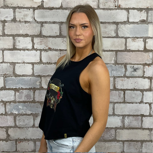 GNR Band tshirt recycled into sleeveless vest top, sustainable upcycled fashion, British recycled fashion brand, slow fashion, eco conscious fashion graphic tshirt upcycled by Unwantees, recycled tshirt otherwise destined for landfill. Rock music style graphic tshirt upcycled by Unwantees, Racerback tank top, upcycled in the UK by unwantees. Sustainable upcycled fashion