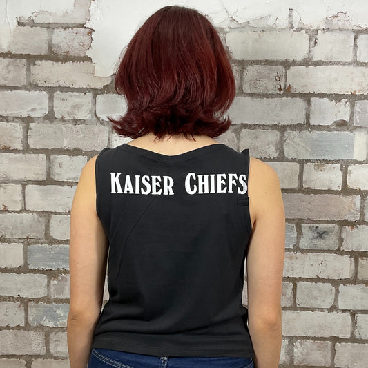 Kaiser Chiefs Band Double Sided white Graphic print on 100% black cotton fabric, Unwantee made from upcycled and deconstructed graphic tshirt, punk rock style street wear, athleisure wear, unwantees is a sustainable fashion brand, we take unwanted graphic tshirts otherwise destined for landfill and recycle clothing into vest tops for sports wear or leisure. Refashioned band merch, Slash Neck Sleeveless Top