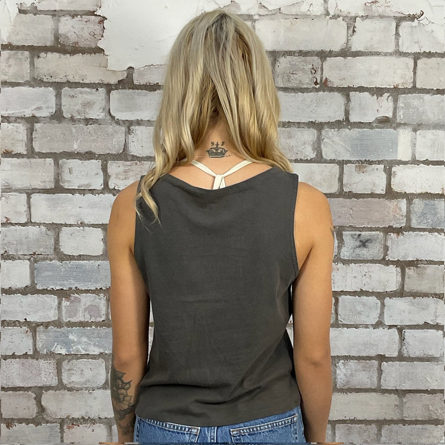 JD and coke anyone? tshirt recycled into sleeveless vest top, sustainable upcycled fashion, British recycled fashion brand, slow fashion, eco conscious fashion graphic tshirt upcycled by Unwantees, recycled tshirt otherwise destined for landfill. Rock music style graphic tshirt upcycled by Unwantees, Slash Neck tank top, upcycled in the UK by unwantees. Sustainable upcycled fashion