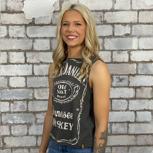 Jack Daniels and coke please! tshirt recycled into sleeveless vest top, sustainable upcycled fashion, British recycled fashion brand, slow fashion, eco conscious fashion graphic tshirt upcycled by Unwantees, recycled tshirt otherwise destined for landfill. Rock music style graphic tshirt upcycled by Unwantees, Slash Neck tank top, upcycled in the UK by unwantees. Sustainable upcycled fashion