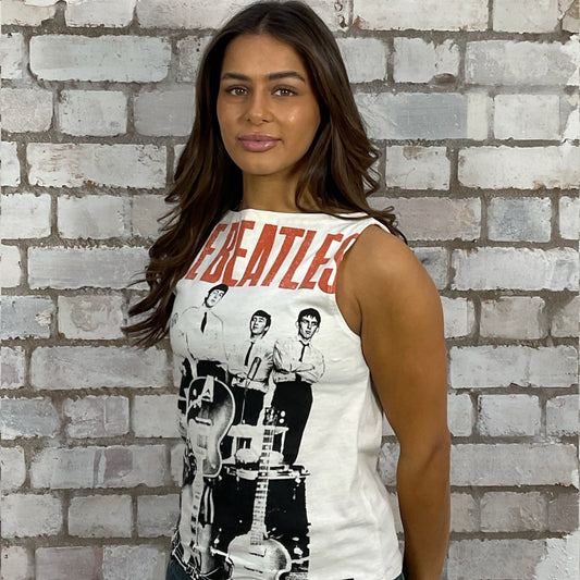 The Beatles Band white tshirt recycled into sleeveless vest top, sustainable upcycled fashion, British recycled fashion brand, slow fashion, eco conscious fashion graphic tshirt upcycled by Unwantees, recycled tshirt otherwise destined for landfill. Rock music style graphic tshirt upcycled by Unwantees, Slash Neck tank top, upcycled in the UK by unwantees. Sustainable upcycled fashion