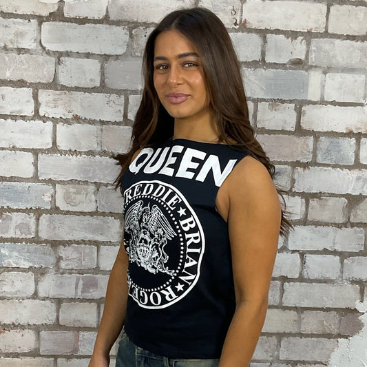 Band Members of Queen Graphic Print tshirt recycled into sleeveless vest top, sustainable upcycled fashion, British recycled fashion brand, slow fashion, eco conscious fashion graphic tshirt upcycled by Unwantees, recycled tshirt otherwise destined for landfill. Rock music style graphic tshirt upcycled by Unwantees, Slash Neck tank top, upcycled in the UK by unwantees. Sustainable upcycled fashion