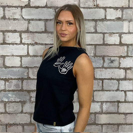 Hello Goodbye Graphic Print tshirt recycled into sleeveless vest top, sustainable upcycled fashion, British recycled fashion brand, slow fashion, eco conscious band graphic tshirt upcycled by Unwantees, recycled tshirt otherwise destined for landfill. Rock music style graphic tshirt upcycled by Unwantees, Slash Neck tank top, upcycled in the UK by unwantees. Sustainable upcycled fashion