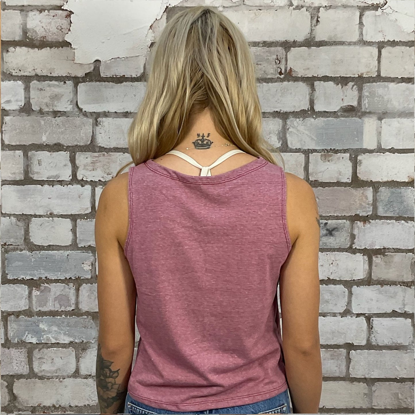 John Lennon whimsical pink tshirt recycled into sleeveless vest top, sustainable upcycled fashion, British recycled fashion brand, slow fashion, eco conscious band graphic tshirt upcycled by Unwantees, recycled tshirt otherwise destined for landfill. Rock music style graphic tshirt upcycled by Unwantees, Slash Neck tank top, upcycled in the UK by unwantees. Sustainable upcycled fashion
