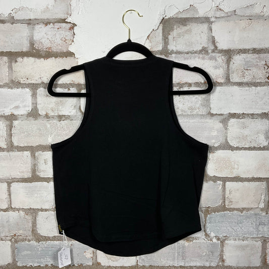 Rear View Comme Des Garcons PLAY graphics on black cotton Racerback Tank Top upcycled by Unwantees, sustainable fashion made in Great Britain from vintage graphic tshirt