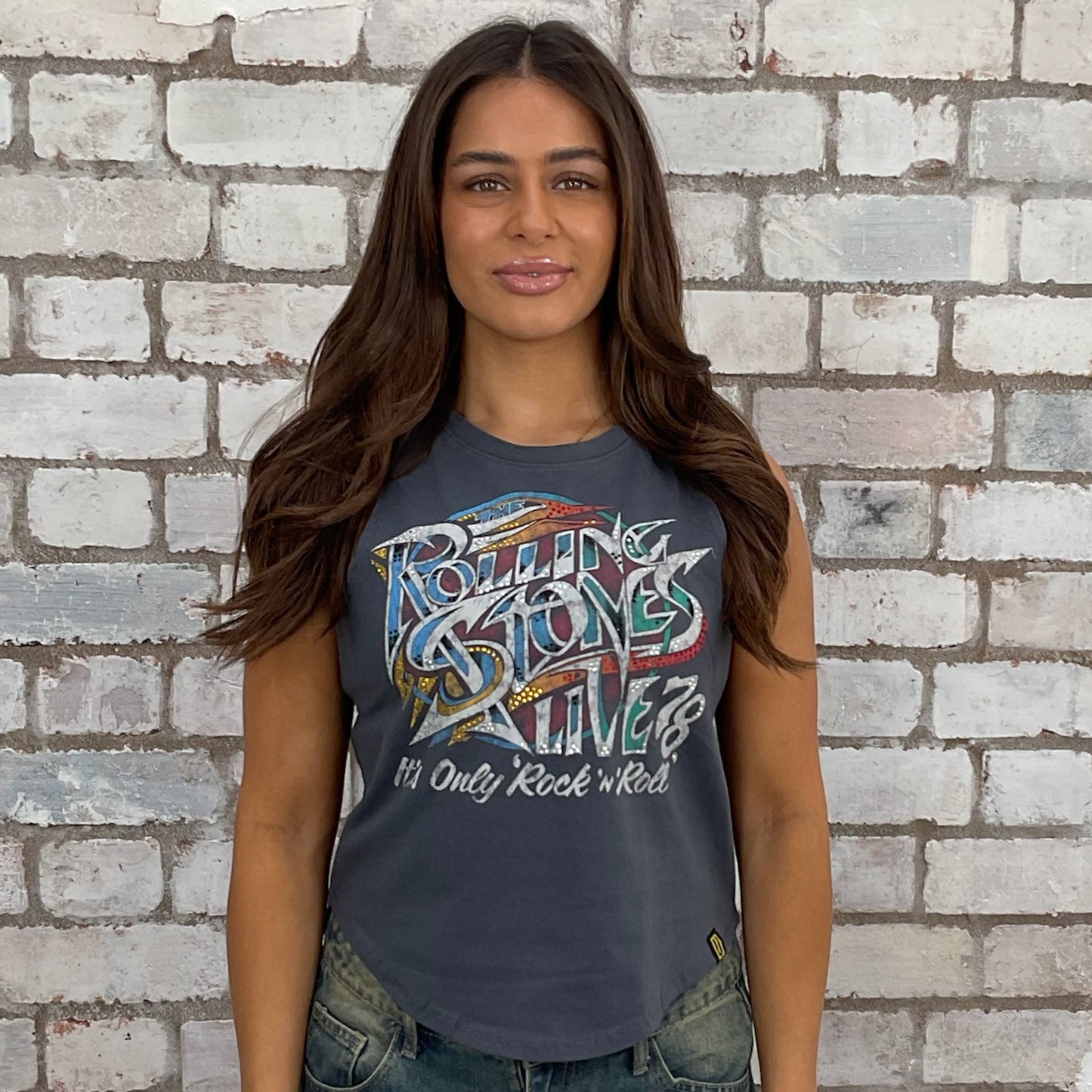 Rolling Stones graphic tshirt recycled into sleeveless vest top, sustainable upcycled fashion, British recycled fashion brand, slow fashion, eco conscious band graphic tshirt upcycled by Unwantees, recycled tshirt otherwise destined for landfill. Rock music style graphic tshirt upcycled by Unwantees, Grey Racerback tank top, upcycled in the UK by unwantees. Sustainable upcycled fashion