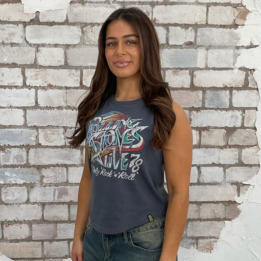 Rolling Stones graphic tshirt recycled into sleeveless vest top, sustainable upcycled fashion, British recycled fashion brand, slow fashion, eco conscious band tour graphic tshirt upcycled by Unwantees, recycled tshirt otherwise destined for landfill. Rock music style graphic tshirt upcycled by Unwantees, Grey Racerback tank top, upcycled in the UK by unwantees. Sustainable upcycled fashion
