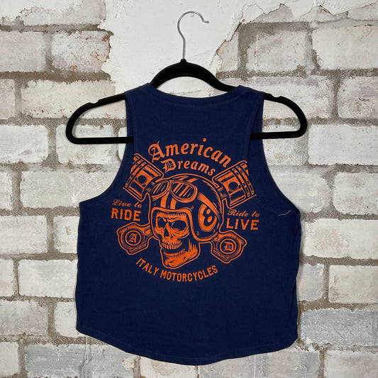 Rear View of American Dreams Italy Motorcycles graphics on navy cotton Racerback Tank Top upcycled by Unwantees, sustainable fashion made in Great Britain from vintage graphic tshirt