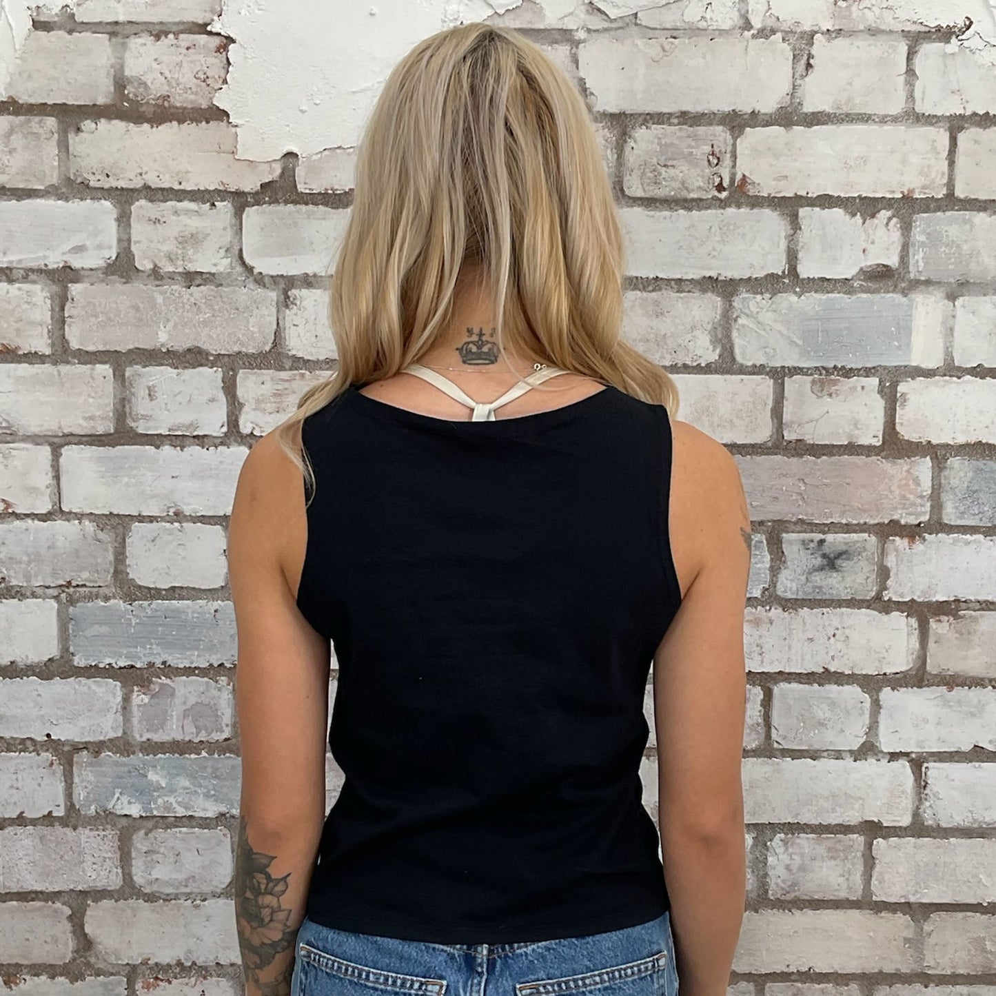 Led Zeppelin 1977 Icarus graphic tshirt recycled into sleeveless vest top, sustainable upcycled fashion, British recycled fashion brand, slow fashion, eco conscious band graphic tshirt upcycled by Unwantees, recycled tshirt otherwise destined for landfill. Rock music style graphic tshirt upcycled by Unwantees, Grey Slash Neck tank top, upcycled in the UK by unwantees. Sustainable upcycled fashion