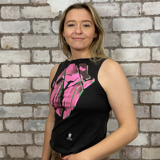 Hackney Diamonds, Rolling Stones, electric pink Graphic print on 100% black cotton fabric, Festival Style Unwantee made from upcycled and deconstructed graphic tshirt, punk rock style street wear, athleisure wear, unwantees is a sustainable fashion brand, we take unwanted graphic tshirts otherwise destined for landfill and recycle clothing into vest tops for sports wear or leisure. Refashioned band merch, Slash Neck Sleeveless Top