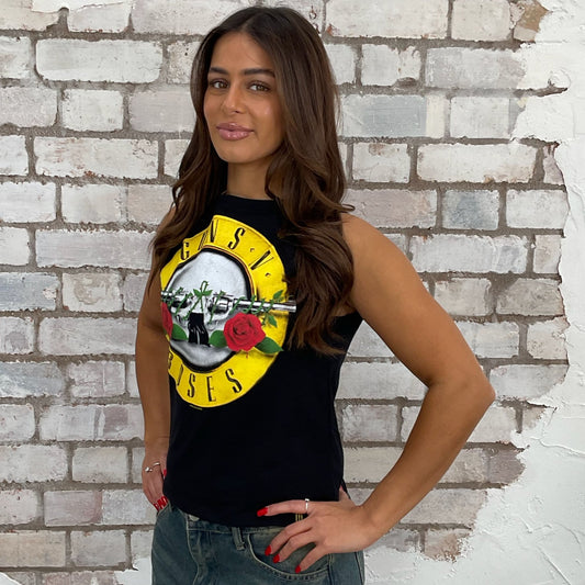 Guns N Roses iconic emblem graphic tshirt recycled into sleeveless vest top, sustainable upcycled fashion, British recycled fashion brand, slow fashion, eco conscious band graphic tshirt upcycled by Unwantees, recycled tshirt otherwise destined for landfill. Rock music style graphic tshirt upcycled by Unwantees, Grey Slash Neck tank top, upcycled in the UK by unwantees. Sustainable upcycled fashion