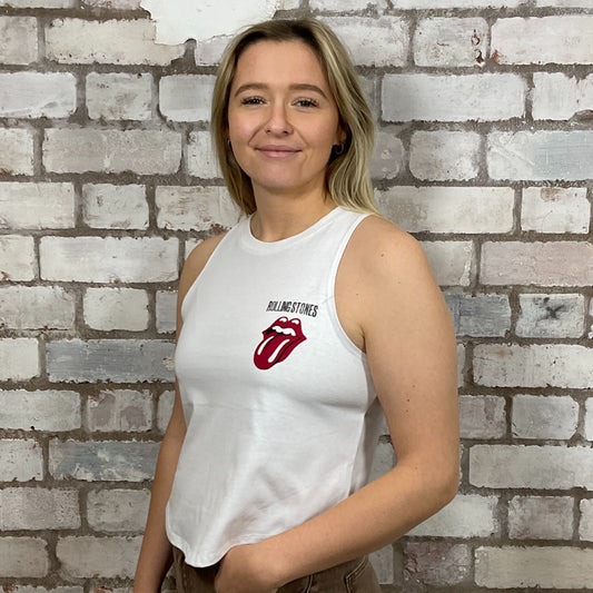 The Rolling Stones, Adelphi Theatre, Dublin Tour Graphic print on 100% White cotton fabric, Festival Style Unwantee made from upcycled and deconstructed graphic tshirt, punk rock style street wear, athleisure wear, unwantees is a sustainable fashion brand, we take unwanted graphic tshirts otherwise destined for landfill and recycle clothing into vest tops for sports wear or leisure. Refashioned band merch, Slash Neck Sleeveless Top