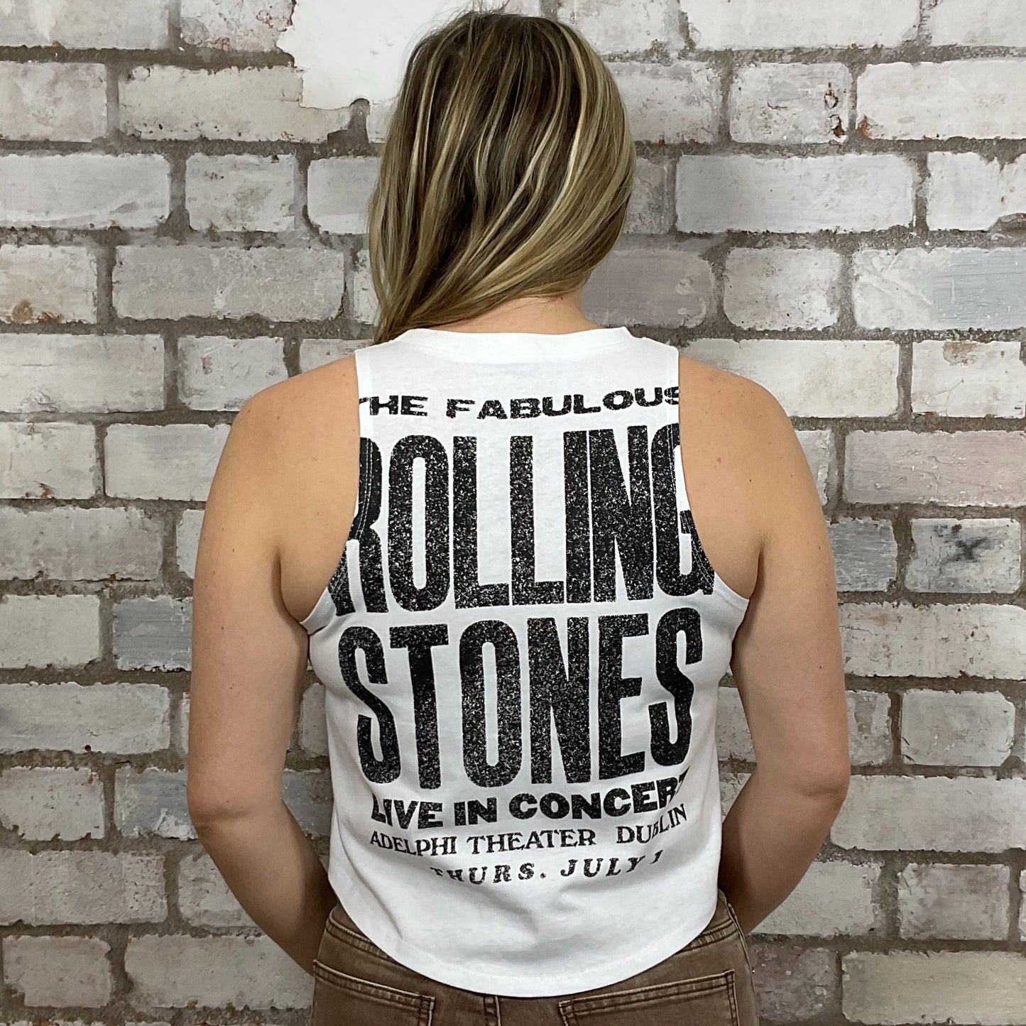 The Rolling Stones at the Adelphi Theatre, Dublin Tour Graphic print on 100% White cotton fabric, Festival Style Unwantee made from upcycled and deconstructed graphic tshirt, punk rock style street wear, athleisure wear, unwantees is a sustainable fashion brand, we take unwanted graphic tshirts otherwise destined for landfill and recycle clothing into vest tops for sports wear or leisure. Refashioned band merch, Slash Neck Sleeveless Top