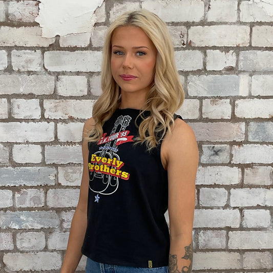 Everly Brothers tshirt recycled into sleeveless vest top, sustainable upcycled fashion, British recycled fashion brand, slow fashion, eco conscious band graphic tshirt upcycled by Unwantees, recycled tshirt otherwise destined for landfill. Rock music style graphic tshirt upcycled by Unwantees, Grey Slash Neck tank top, upcycled in the UK by unwantees. Sustainable upcycled fashion