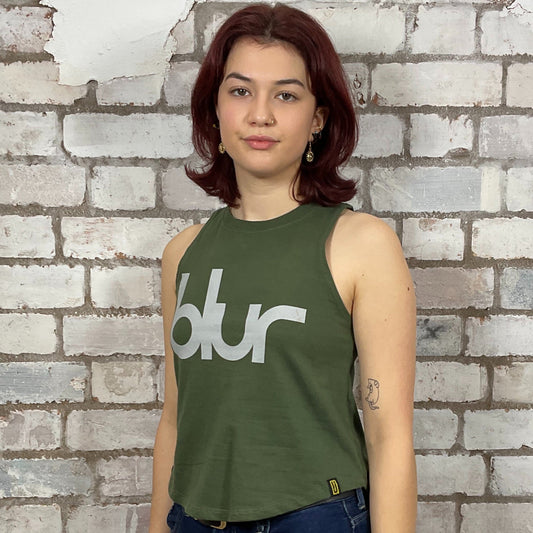 Blur band logo Graphic print on 100% khaki green cotton fabric, Festival Style Unwantee made from upcycled and deconstructed graphic tshirt, punk rock style street wear, athleisure wear, unwantees is a sustainable fashion brand, we take unwanted graphic tshirts otherwise destined for landfill and recycle clothing into vest tops for sports wear or leisure. Refashioned band merch, Slash Neck Sleeveless Top