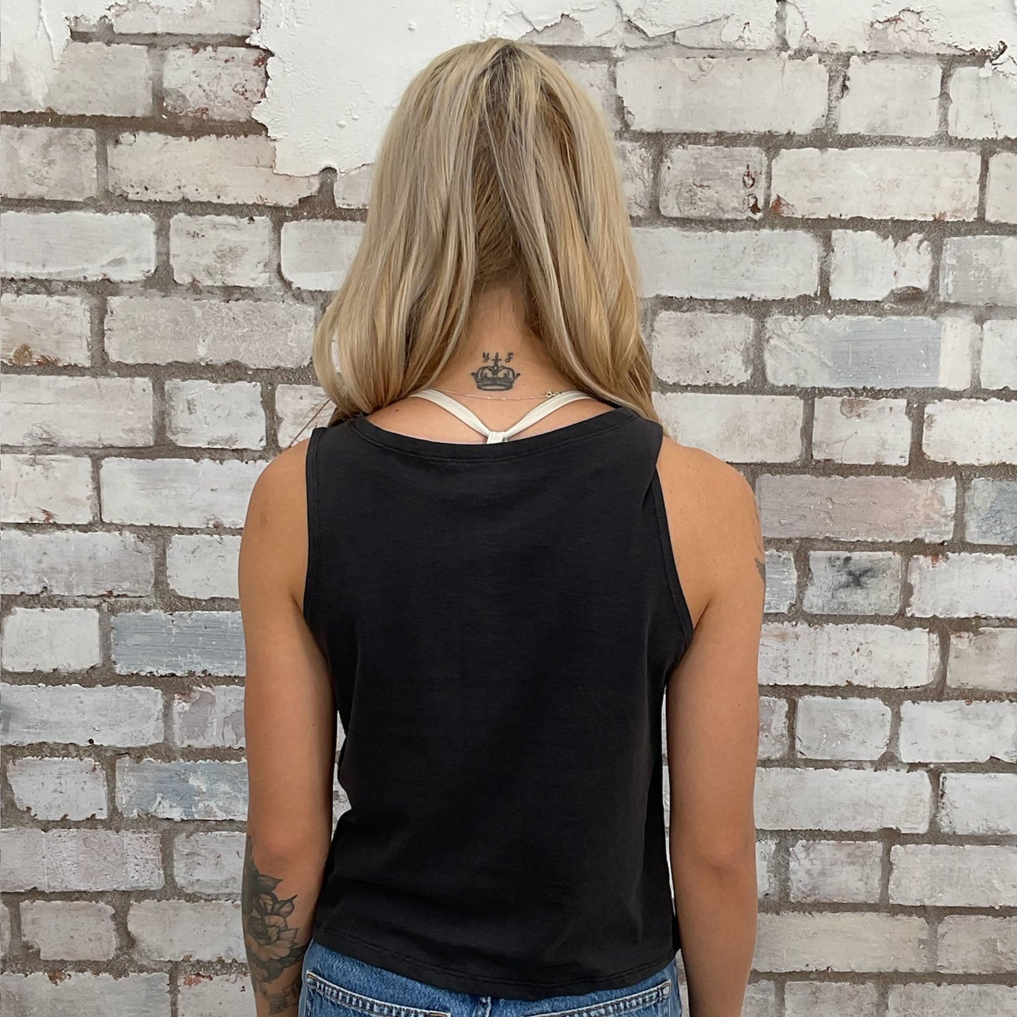 Foo Fighters print tshirt recycled into sleeveless vest top, sustainable upcycled fashion, British recycled fashion brand, slow fashion, eco conscious band graphic tshirt upcycled by Unwantees, recycled tshirt otherwise destined for landfill. Rock music style graphic tshirt upcycled by Unwantees, Grey Racerback tank top, upcycled in the UK by unwantees. Sustainable upcycled fashion