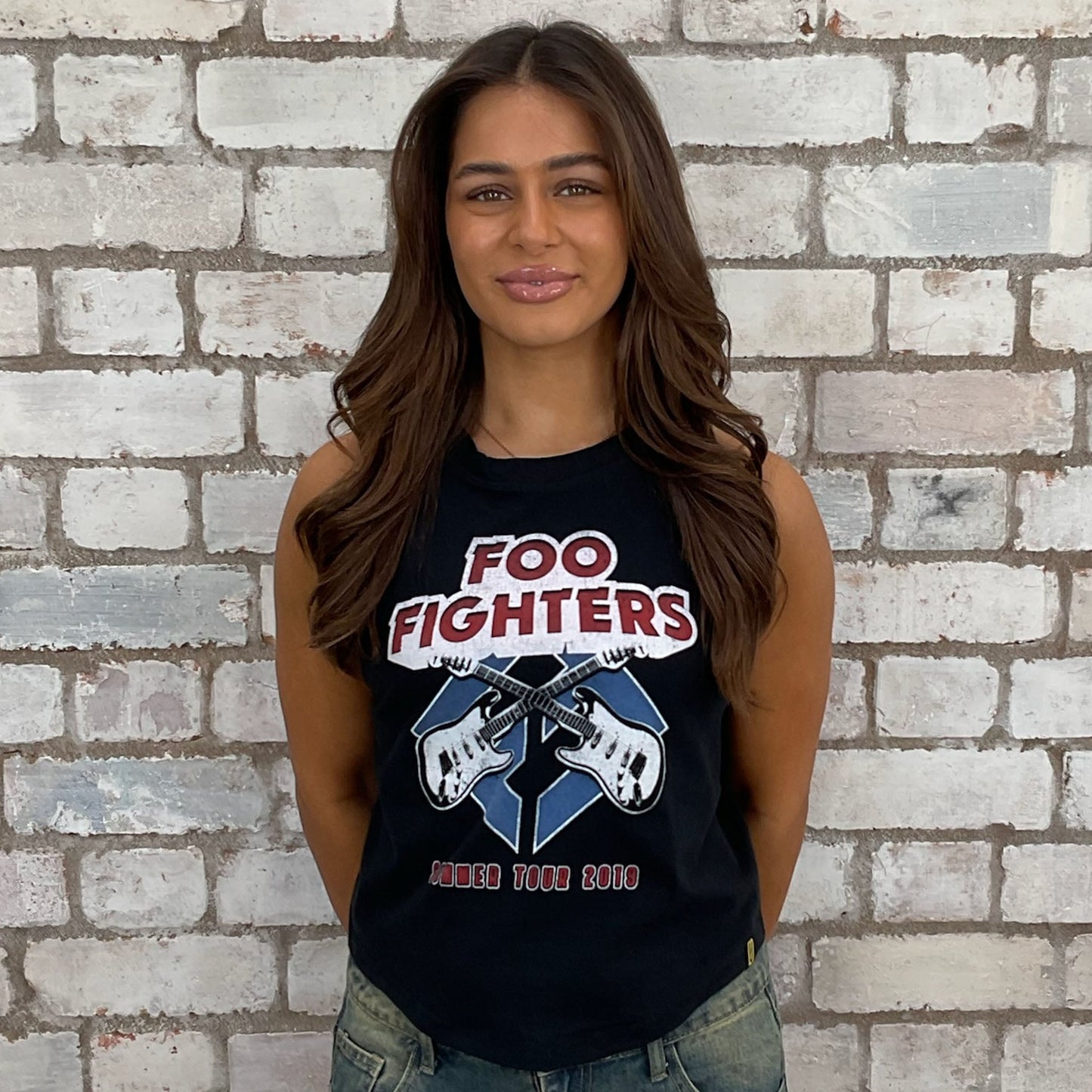 Foo Fighters Summer Tour 2019 graphic print tshirt recycled into sleeveless vest top, sustainable upcycled fashion, British recycled fashion brand, slow fashion, eco conscious band graphic tshirt upcycled by Unwantees, recycled tshirt otherwise destined for landfill. Rock music style graphic tshirt upcycled by Unwantees, Grey Racerback tank top, upcycled in the UK by unwantees. Sustainable upcycled fashion