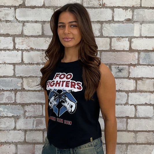 Graphic print tshirt recycled into sleeveless vest top, sustainable upcycled fashion, British Foo Fighters Summer Tour 2019 recycled fashion brand, slow fashion, eco conscious band graphic tshirt upcycled by Unwantees, recycled tshirt otherwise destined for landfill. Rock music style graphic tshirt upcycled by Unwantees, Grey Racerback tank top, upcycled in the UK by unwantees. Sustainable upcycled fashion