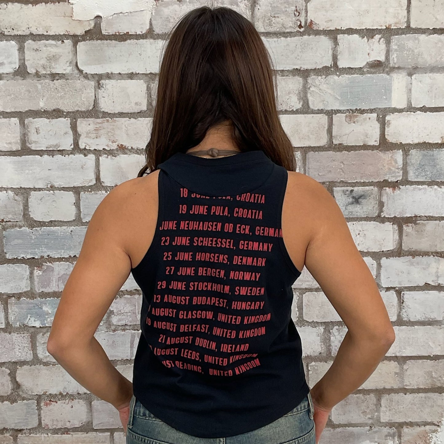 Foo Fighters Summer Tour 2019 print tshirt recycled into sleeveless vest top, sustainable upcycled fashion, British recycled fashion brand, slow fashion, eco conscious band graphic tshirt upcycled by Unwantees, recycled tshirt otherwise destined for landfill. Rock music style graphic tshirt upcycled by Unwantees, Grey Racerback tank top, upcycled in the UK by unwantees. Sustainable upcycled fashion