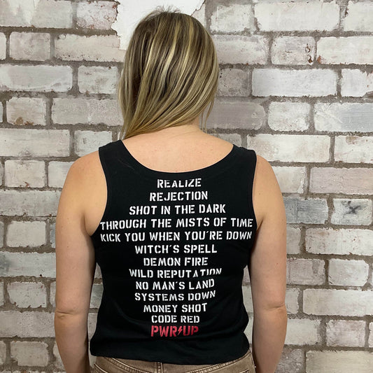 AC/DC PWR UP Tour band merch 2024 Tour Tshirt Upcycled by Unwantees, Graphic print on black tshirt jersey fabric, Festival Style Unwantee made from upcycled and deconstructed graphic tshirt, punk rock style street wear, athleisure wear, unwantees is a sustainable fashion brand, we take unwanted graphic tshirts otherwise destined for landfill and recycle clothing into vest tops for sports wear or leisure. Refashioned band merch, Slash Neck Sleeveless Top