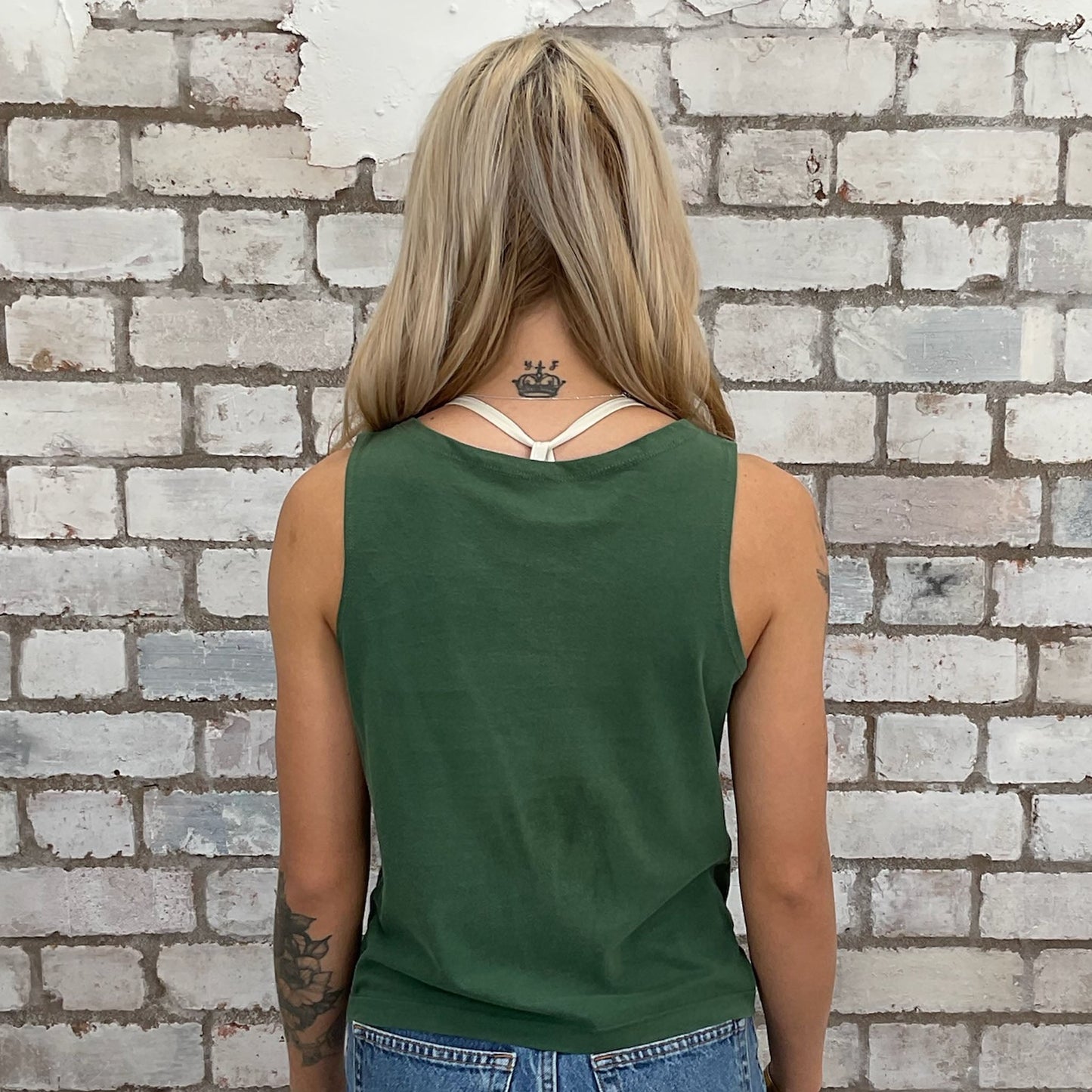 Green Tshirt with leopard print bow tie Graphic print ecycled into sleeveless vest top, sustainable upcycled fashion, British Foo Fighters Summer Tour 2019 recycled fashion brand, slow fashion, eco conscious band graphic tshirt upcycled by Unwantees, recycled tshirt otherwise destined for landfill. Rock music style graphic tshirt upcycled by Unwantees, Grey Racerback tank top, upcycled in the UK by unwantees. Sustainable upcycled fashion