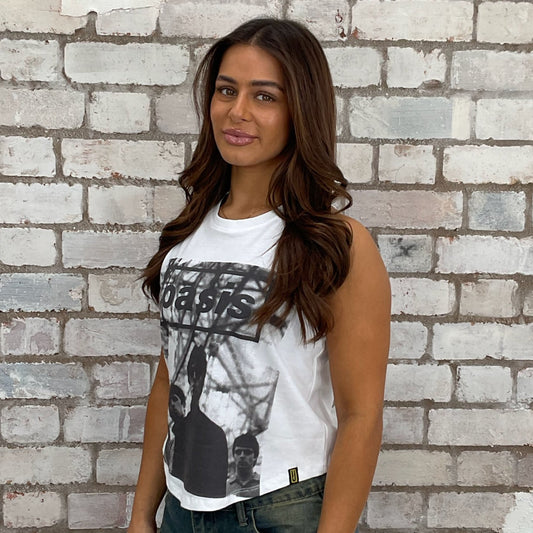 Graphic print tshirt recycled into sleeveless vest top, sustainable upcycled fashion, British band Oasis recycled fashion brand, slow fashion, eco conscious band graphic tshirt upcycled by Unwantees, recycled tshirt otherwise destined for landfill. Rock music style graphic tshirt upcycled by Unwantees, Grey Racerback tank top, upcycled in the UK by unwantees. Sustainable upcycled fashion