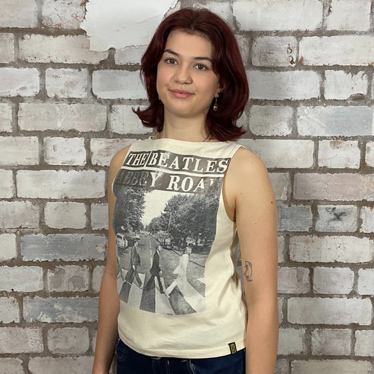 The Beatles, Abbey Road, Band Tshirt Upcycled by Unwantees, Graphic print on white Tshirt jersey fabric, Festival Style Unwantee made from upcycled and deconstructed graphic tshirt, athleisure wear, unwantees is a sustainable fashion brand, we take unwanted graphic tshirts otherwise destined for landfill and recycle clothing into vest tops for sports wear or leisure. Refashioned band merch, Slash Neck Sleeveless Top