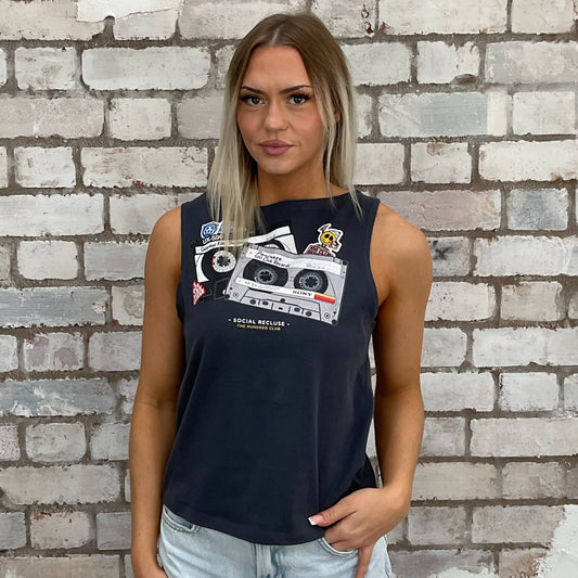 Graphic print tshirt recycled into sleeveless vest top, sustainable upcycled fashion, Social Recluse hundred Club recycled fashion brand, slow fashion, eco conscious band graphic tshirt upcycled by Unwantees, recycled tshirt otherwise destined for landfill. Rock music style graphic tshirt upcycled by Unwantees, Grey Racerback tank top, upcycled in the UK by unwantees. Sustainable upcycled fashion