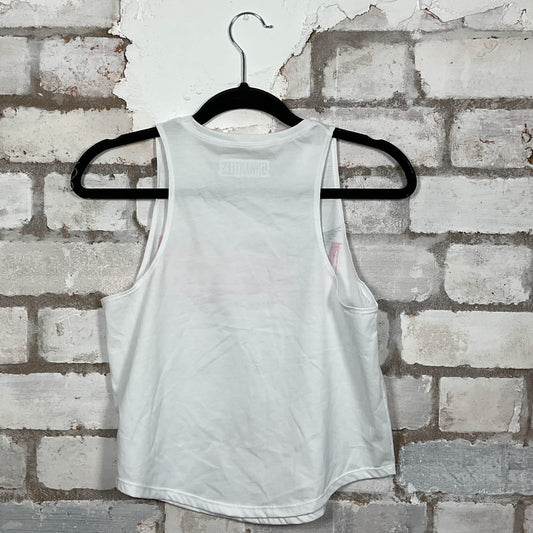 Rear View of Nirvana classic logo in hot pink on a white Racerback Vest Top upcycled by Unwantees, sustainable fashion made in Great Britain from vintage graphic tshirt