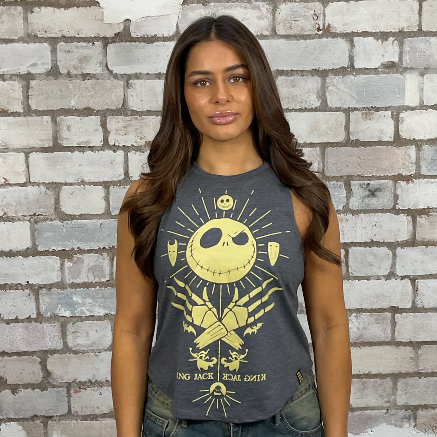 The Nightmare Before Christmas Print tank top made from an upcycled grey graphic band tshirt, punk rock style street wear, athleisure wear, unwantees is a sustainable fashion brand, we take unwanted graphic tshirts otherwise destined for landfill and recycle clothing into vest tops for sports wear or leisure. Refashioned band merch, Racerback Sleeveless Top