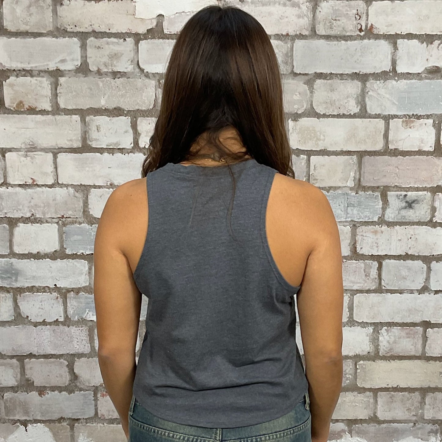 Jack Skellington, Nightmare Before Christmas Print tank top made from an upcycled grey graphic band tshirt, punk rock style street wear, athleisure wear, unwantees is a sustainable fashion brand, we take unwanted graphic tshirts otherwise destined for landfill and recycle clothing into vest tops for sports wear or leisure. Refashioned band merch, Racerback Sleeveless Top