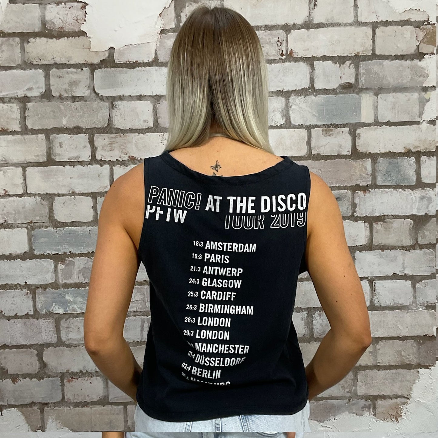 Panic at the disco Print Slash neck tank top made from upcycled graphic band 2019 Tour tshirt, punk rock style street wear, athleisure wear, unwantees is a sustainable fashion brand, we take unwanted graphic tshirts otherwise destined for landfill and recycle clothing into vest tops for sports wear or leisure. Refashioned band merch, Slash Neck Sleeveless Top