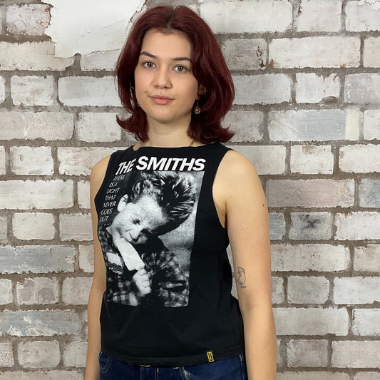 The Smiths band tshirt, graphic print Tshirt Upcycled by Unwantees, There is a Light that Never Goes out Single, Graphic print on black Tshirt jersey fabric, Festival Style Unwantee made from upcycled and deconstructed graphic tshirt, athleisure wear, unwantees is a sustainable fashion brand, we take unwanted graphic tshirts otherwise destined for landfill and recycle clothing into vest tops for sports wear or leisure. Refashioned band merch, Slash Neck Sleeveless Top