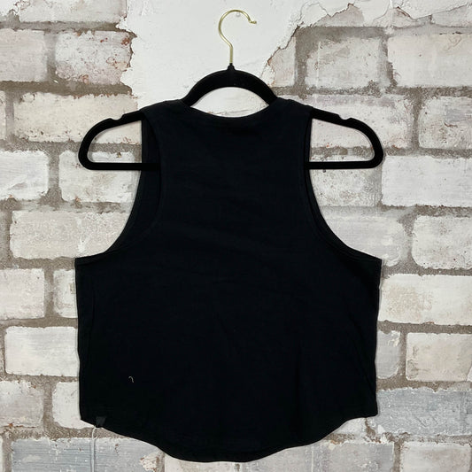 Rear View AC/DC Classic Logo merch graphics on black cotton Scoop Neck Tank Top upcycled by Unwantees, sustainable fashion made in Great Britain from vintage graphic tshirt