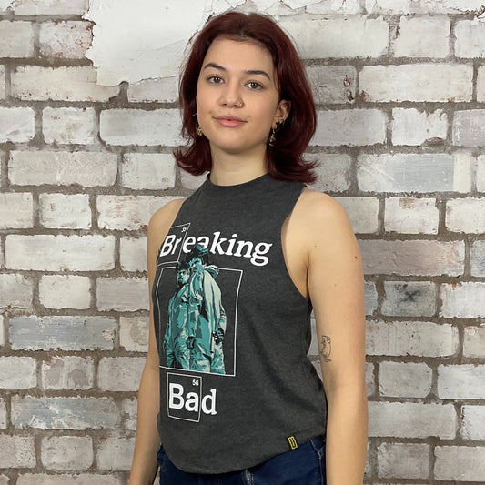 Breaking Bad Tshirt Upcycled by Unwantees, Graphic cult TV Show print on Tshirt jersey fabric, Festival Style Unwantee made from upcycled and deconstructed graphic tshirt, athleisure wear, unwantees is a sustainable fashion brand, we take unwanted graphic tshirts otherwise destined for landfill and recycle clothing into vest tops for sports wear or leisure. Refashioned band merch, Slash Neck Sleeveless Top